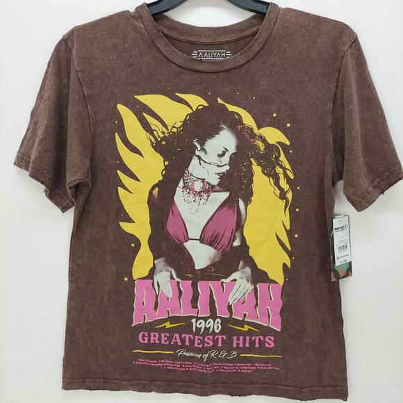 NWT Aaliyah Greatest Hits 1996 Brown Graphic T-Shirt Distressed-Washed Look XS - Picture 1 of 9